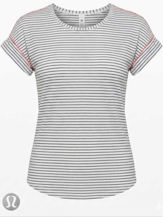 lululemon athletica Tops - Lululemon Weekend Short Sleeve Tee Striped Grey/Black Size 6/8 Medium PTP 19"